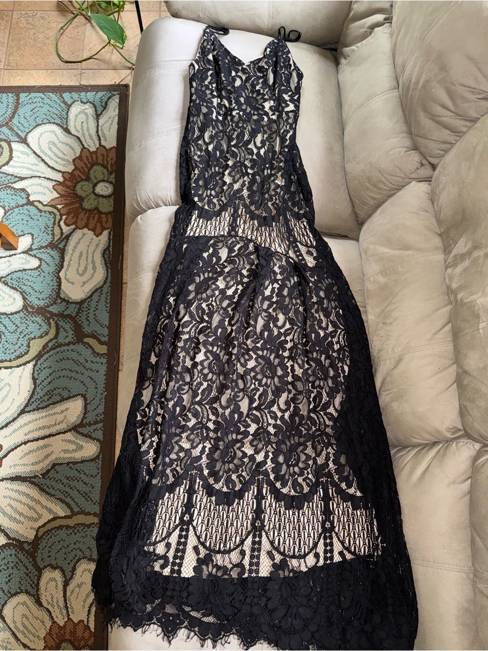 Lulu's Black Lace Maxi Dress with Nude Underlay